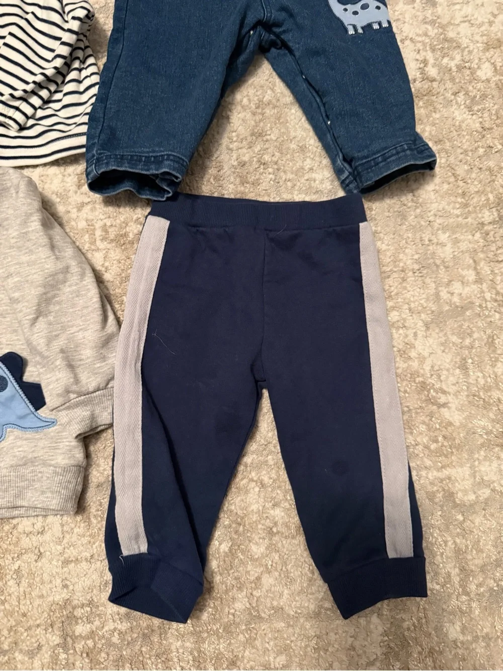 Little Me 4 piece Matching Set Navy Denim Overalls with Light Blue Dinosaur 12M